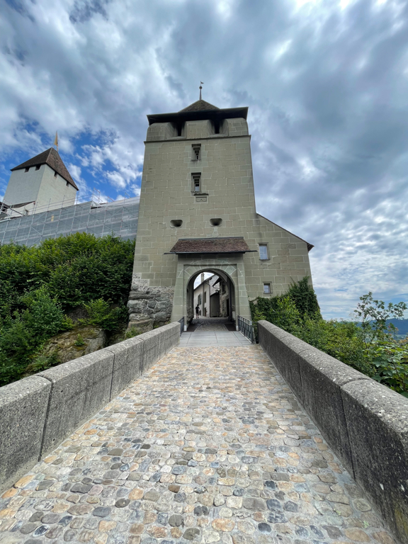 Wide shot of the access road to the castle. A stone rowad with low walls on both sides leading to a castle tower with the gate.