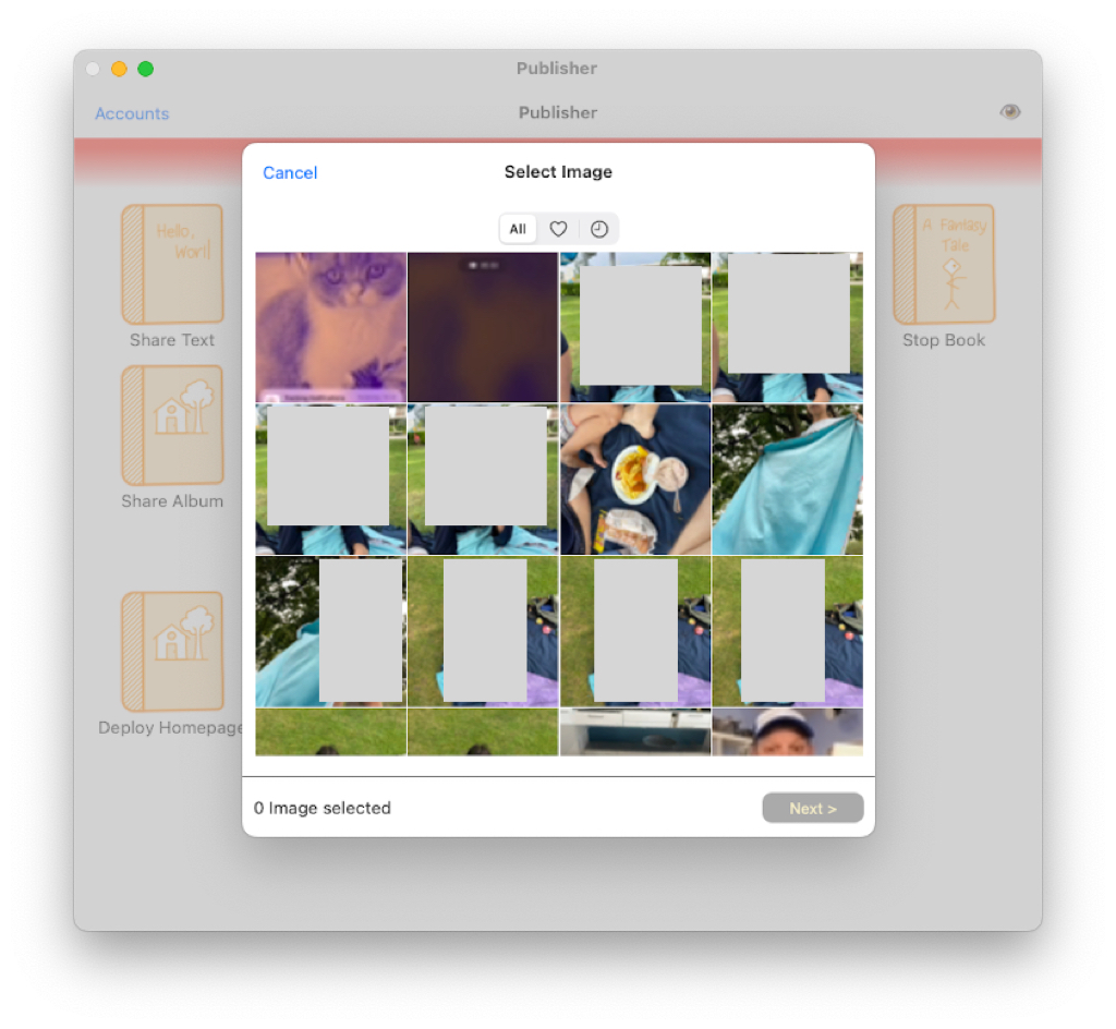 A screenshot of a custom image picker. The images are shown in a 4x3 grid below a segmented control with which you can select between three different smart albums. The first is all, the second is favourites (denoted with an heart symbol) and the last is  the recent album (denoted by a clock symbol). Most of the image thumbnails are redacted with a light grey box.