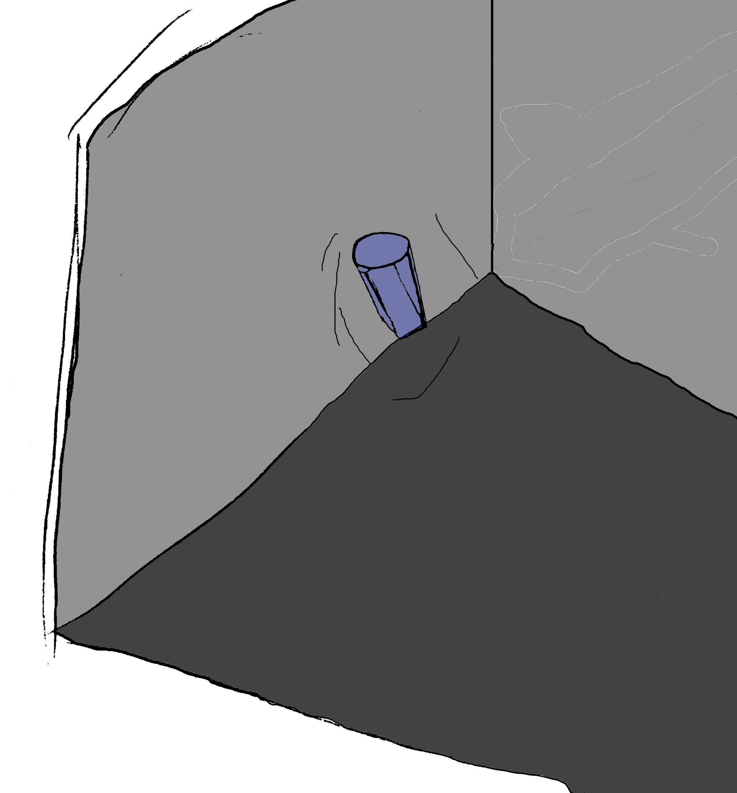 The image shows a blue cup in mid-air, appearing to fly toward the far wall. This is suggested by the motion lines drawn around the cup, giving the impression of movement. The setting includes a gray wall and a dark gray floor, creating a simple environment that emphasizes the motion of the cup.