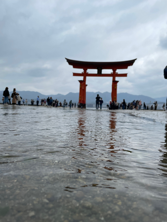 A low-angle view of a red torii gate rising from the water, with reflections visible in the shallow water. The picture was taken. At low tide.