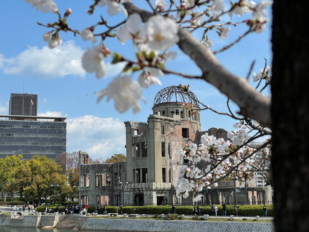 Cherry blossoms in the foreground frame a historic building with a damaged dome against a bright blue sky. In the background, modern buildings and trees are visible along a riverside promenade.