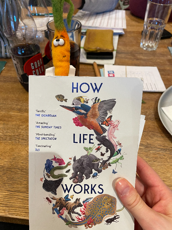 A person is holding a book titled "How Life Works," which features illustrations of various animals, birds, and aquatic life on the cover. A small plush carrot with eyes is peeking from the top of the book.