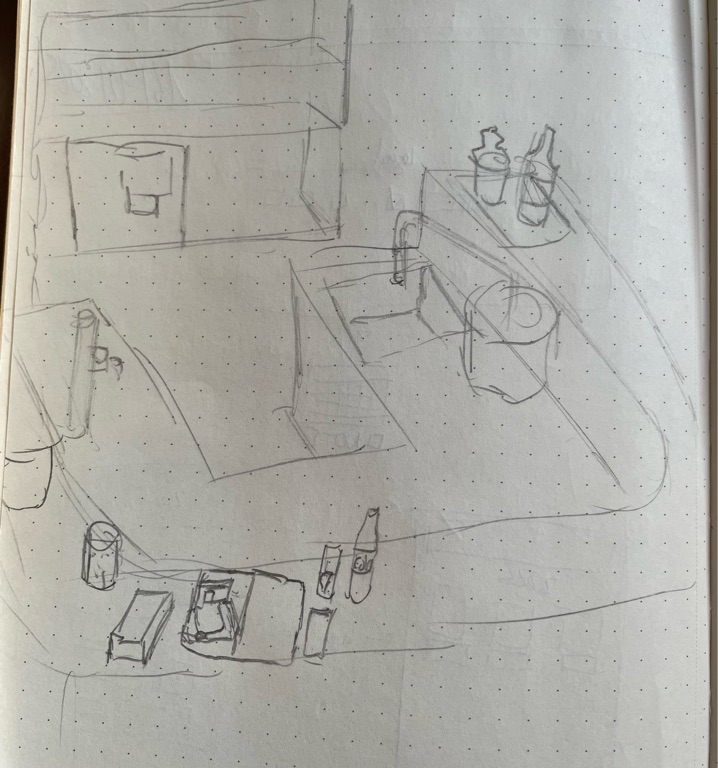 A sketch on dotted paper depicts a kitchen scene. It features a counter with a sink, faucet, and some bottles on the countertop. Below the counter, there's a cabinet with a handle. Several small items, including bottles and boxes, are scattered near the foreground. The sketch is roughly drawn with simple lines.