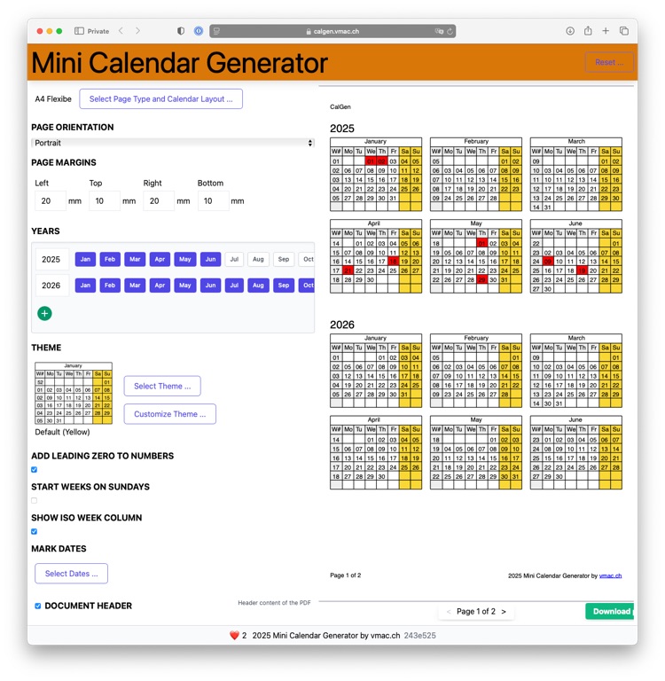 The image shows a webpage titled "Mini Calendar Generator." It allows users to customize and generate a mini calendar. Options on the page include selecting page orientation (portrait or landscape), customizing page margins (left, top, right, bottom), choosing specific years (2025 and 2026 selected), and picking displayed months (all months selected with checkboxes). Users can select a theme from a "Select Theme" dropdown or customize it further. Additional options include adding leading zeros to numbers, starting weeks on
