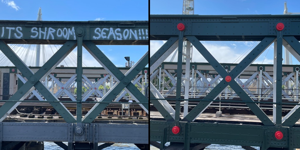 Two images side by side showing sections of a metal bridge with a crossbeam design. The left image has graffiti on the beam that reads "IT'S SHROOM SEASON!!!" in white paint. The right image shows the same section of the bridge without the graffiti. Both images display the bridge's green metal framework against a clear blue sky.