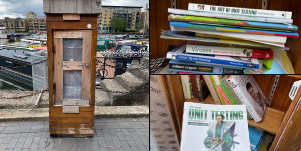 The image is a collage consisting of two sections. The left section shows a small wooden library box located outdoors by a waterfront, with buildings and boats in the background. The library box has a clear panel displaying several books inside. The right section contains two closer views of books inside the box. The top right image shows a stack of various books with visible titles including "The Art of Unit Testing" and "Viruses." The bottom right image shows more books, with a focus on a book titled “Unit Testing”