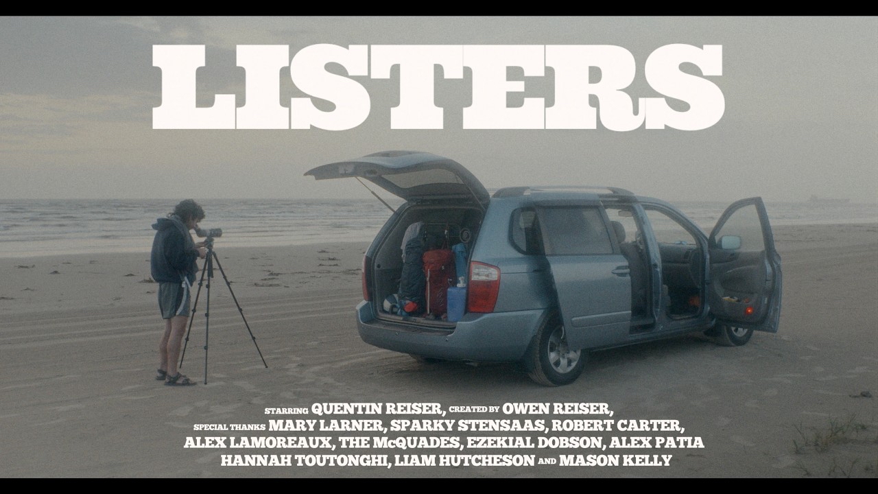 Thumbnail of a YouTube video titled &ldquo;LISTERS&rdquo; in large white text at the top. The image shows a person wearing a hoodie and shorts, setting up a tripod on a beach next to an open blue van. The back of the van is open with various equipment visible inside. At the bottom, there are credits, including names like Quentin Reiser and Owen Reiser, along with special thanks to others. The sea and an overcast sky are visible in the background.