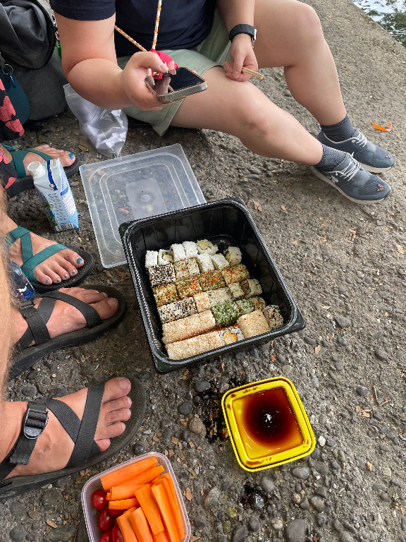 A group of people sitting on a rocky surface having a picnic. There is a plastic container filled with assorted sushi rolls, sesame seeds, and herbs. Next to it, there is a yellow container with soy sauce and another container with carrot sticks and cherry tomatoes. One person is holding a smartphone and chopsticks, while another person is wearing sandals. A water bottle and a gray bag are also visible.