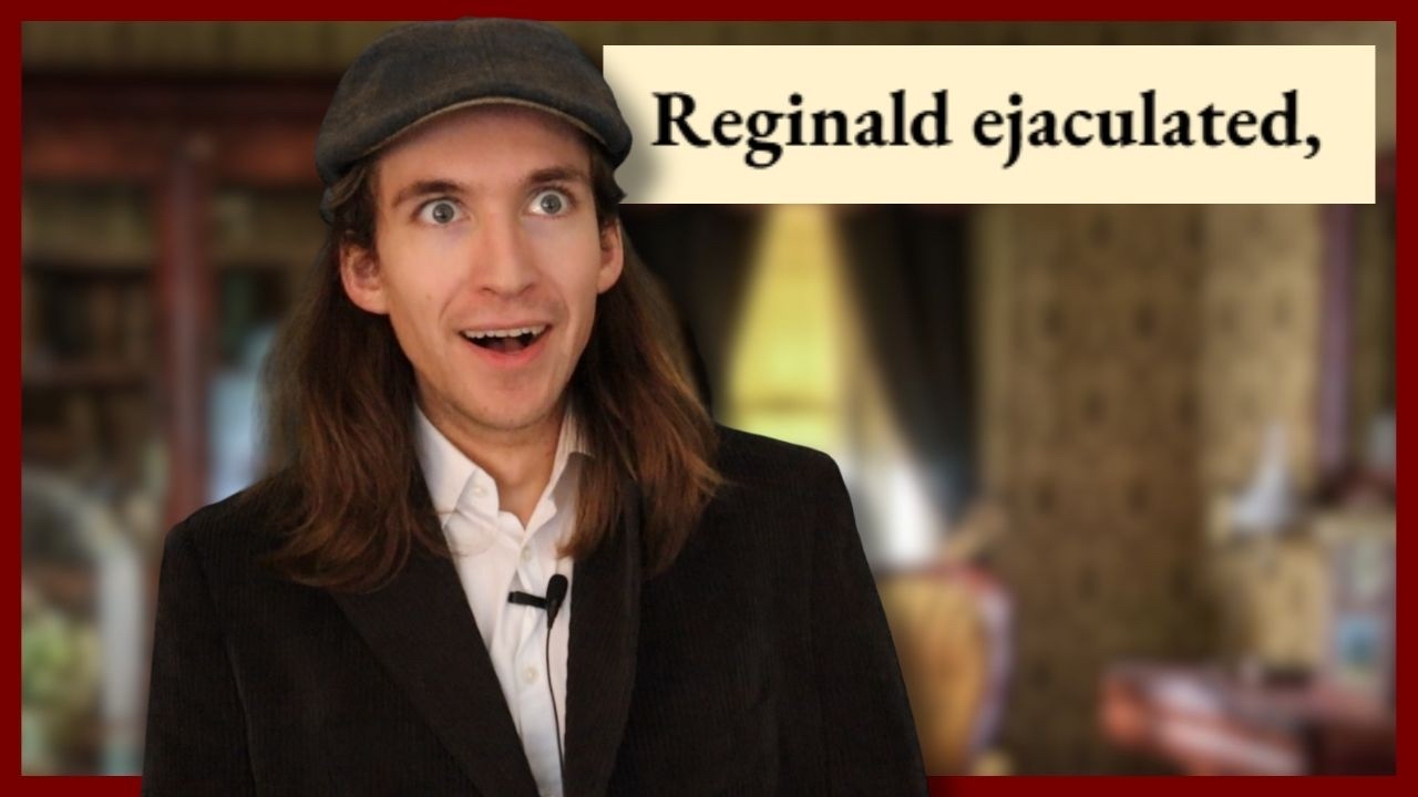 A surprised person with long hair wearing a dark jacket and cap, standing in a blurred indoor setting. The text &ldquo;Reginald ejaculated,&rdquo; is written in bold black letters on a beige background in the upper right part of the image.