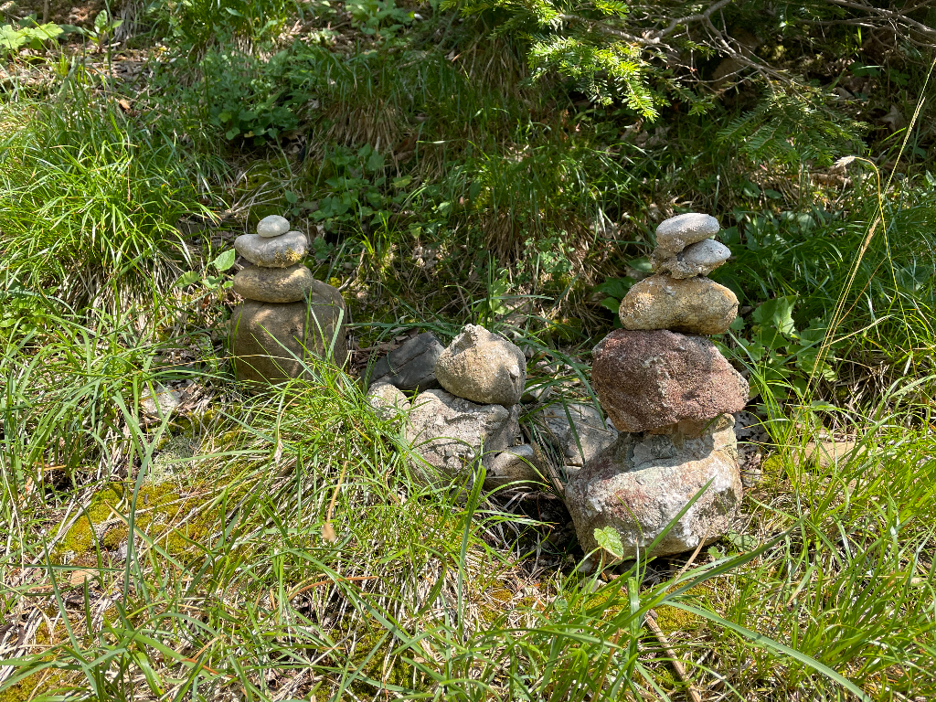 A small stone cairn is situated among grass and foliage in a forested area. The cairn is made up of several stacked rocks of varying sizes, showcasing a balance of different shapes and textures. Sunlight filters through the leaves, casting light and shadows on the stones and surrounding greenery.