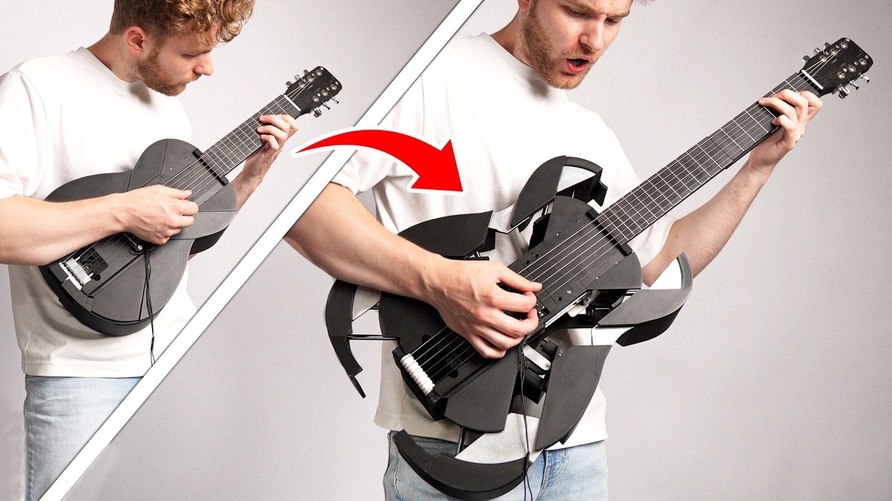 A split YouTube video thumbnail featuring a man with a beard and curly hair holding a unique guitar. On the left, he plays a plain black guitar. On the right, the guitar has transformed into an elaborate design with multiple movable parts. A red arrow points from the simple guitar to the complex version, highlighting the transformation. The man is wearing a white T-shirt and jeans.