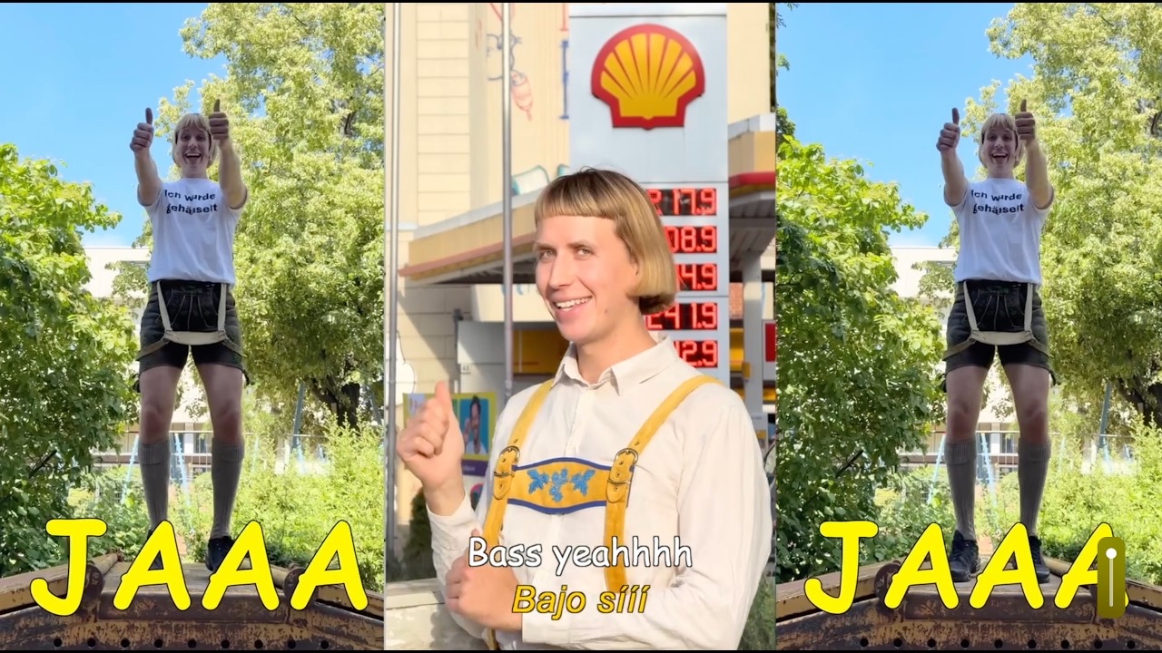 The YouTube video thumbnail is split into three sections. The left and right sections show a person in a white shirt with text, dark shorts, and knee-high socks, standing on a platform outdoors with trees in the background, both hands giving thumbs up. The background is a clear blue sky. Each side has yellow text reading &ldquo;JAAA.&rdquo; The center section shows the same person wearing a decorative suspender outfit, smiling in front of a Shell gas station sign with fuel prices. White and yellow text