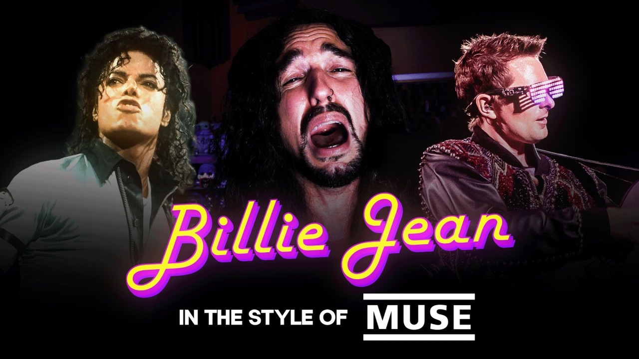 This is a YouTube video thumbnail featuring a split image. On the left, there’s a person imitating a famous performer wearing a light shirt. In the center, another performer is passionately singing with long hair. On the right, a musician with short hair, wearing light-up glasses and a detailed jacket, is playing guitar. The text “Billie Jean” is written in neon style at the bottom, with “In the Style of Muse” below it.