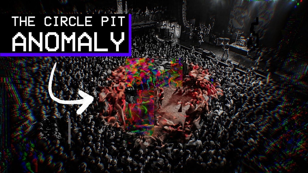 This YouTube video thumbnail features a dynamic black-and-white image of a crowded concert or music venue with a large circle pit in the center. The pit is overlaid with colorful glitch effects. In the top left corner, there’s a bold title that says “THE CIRCLE PIT ANOMALY” in white text on a black and purple background. A white arrow points toward the circle pit, adding emphasis.