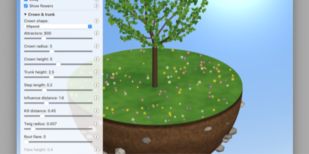 A digital rendering of a tree on a circular patch of grass, resembling a small floating island. The tree has green leaves and is surrounded by small colorful flowers. On the left side, there is a control panel with adjustable parameters such as "Crown shape," "Attractors," "Crown radius," "Trunk height," and others, each with sliding scales. The background is a gradient of blue, giving the impression of a sky.