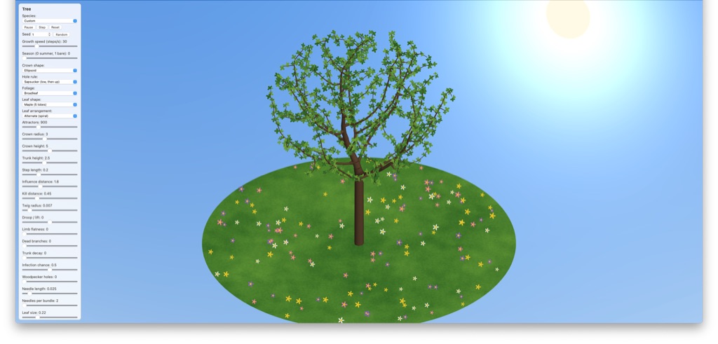 A digital simulation image depicting a tree with green leaves centered in a circular grassy area, scattered with small, colorful flowers. The background shows a clear blue sky with the sun in the upper right corner. On the left side, there is a sidebar with various control options and parameters listed, suggesting an interactive environment for manipulating the tree's appearance or environment.