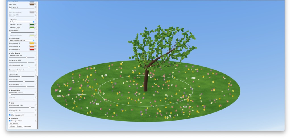 A digital rendering of a tree surrounded by a grassy area with various colored flowers. The interface shows a circular pattern on the ground around the tree. There is a user interface panel on the left with sliders and options for adjusting settings like seasons and colors, possibly for a simulation or digital art creation tool. The background is a clear blue sky.