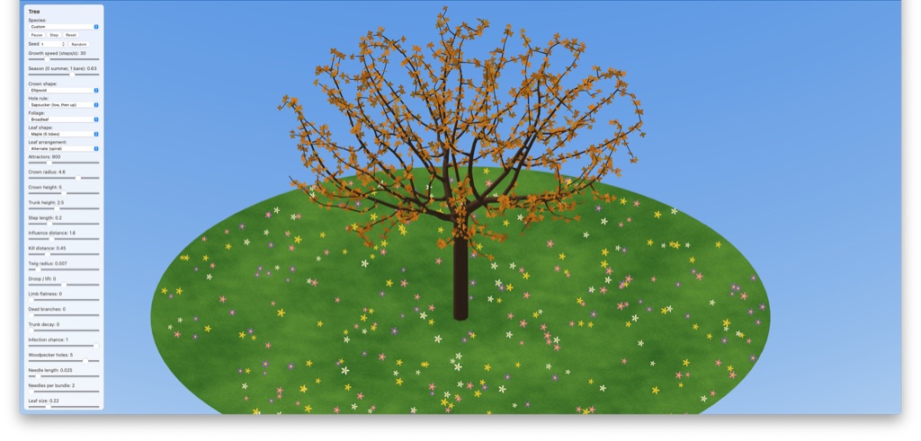 A three-dimensional model of a tree with bare branches, surrounded by a circular patch of green grass dotted with colorful flowers, is displayed against a light blue background. On the left side, there is a user interface panel with various controls and settings for adjusting the tree's characteristics, such as color, shape, and environmental parameters.