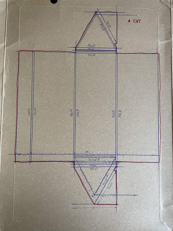 The basic shape ready to cut out. It shows the cut-lines and the fold-lines.